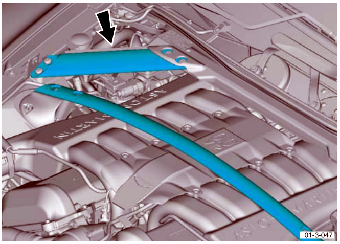 Diagram of the engine bay showing the location of the corner cross-braces indicated by blue highlights and an arrow