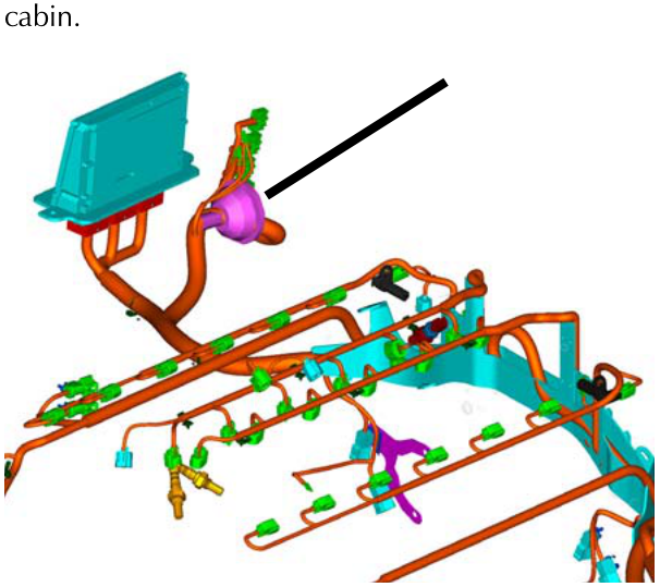 An illustration of the vehicle's interior cabin structure showing wiring harnesses, connectors, and mounting points.
