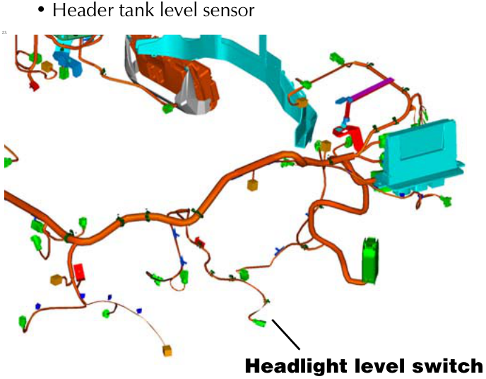 A diagram of a wiring harness with an arrow pointing to the Headlight level switch.