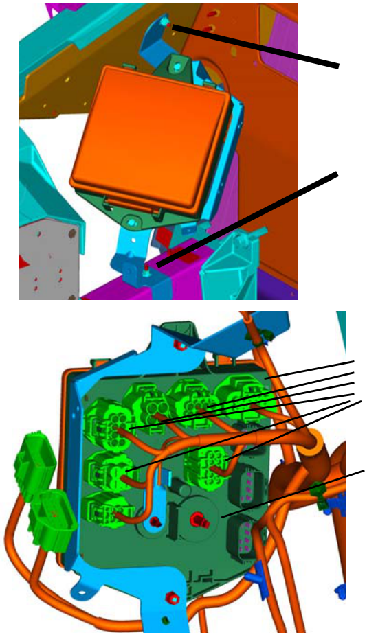 Two diagrams showing the engine bay fusebox; the top shows the fusebox location, the bottom shows the underside with harness plugs and power cable indicated.