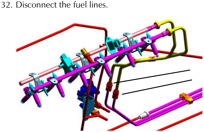 Illustrates fuel line disconnection step for engine assembly