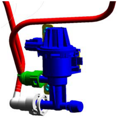 Diagram showing a blue VMV component with red and green pipes connected