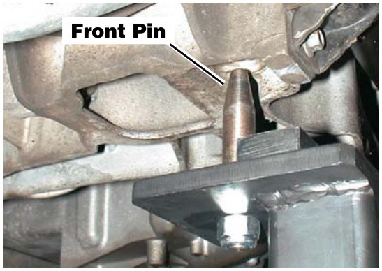 Close-up of front pin securing the subframe trolley assembly