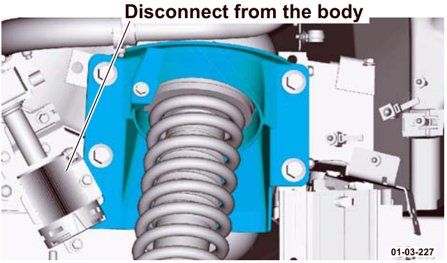 Diagram showing disconnect point from the body on the emissions filter unit near suspension spring