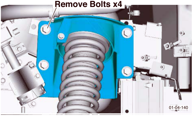 Diagram showing location of four bolts to remove securing the rear spring and damper unit