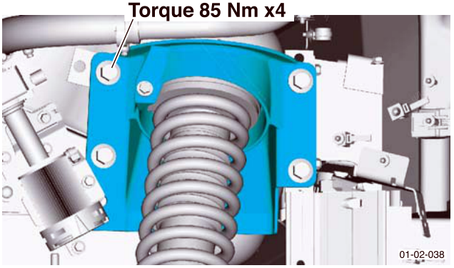 Rear spring and damper assembly with a callout indicating Torque 85 Nm x4