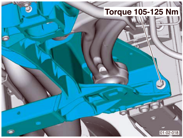 Front subframe assembly with a callout indicating Torque 105-125 Nm