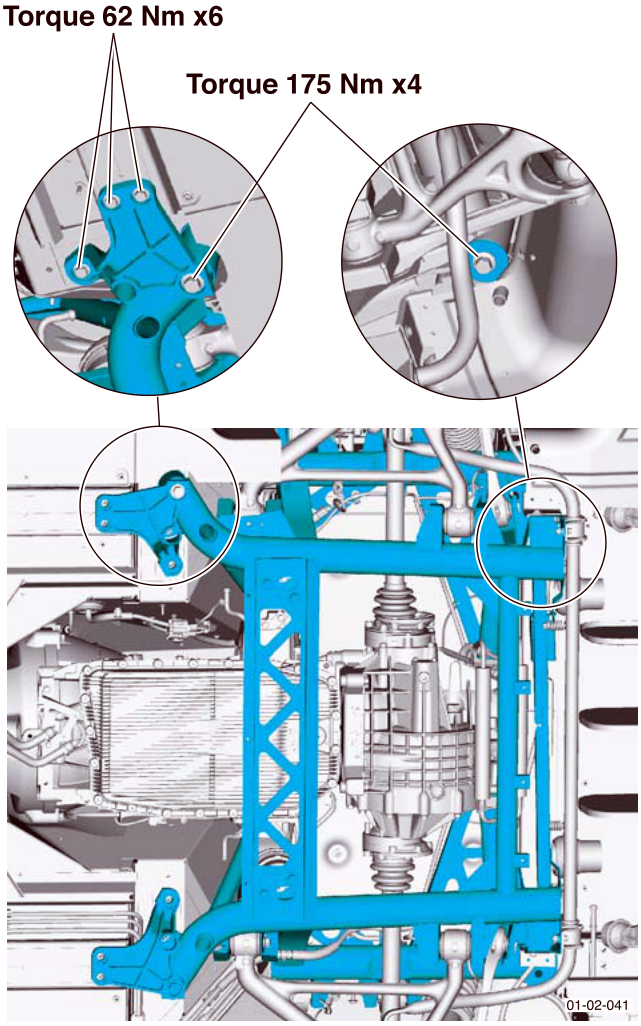 Rear subframe assembly with callouts indicating Torque 62 Nm x6 and Torque 175 Nm x4