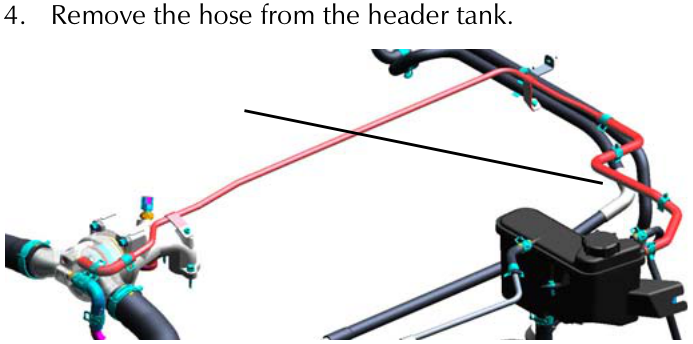 Diagram showing a red hose connected to a black header tank reservoir with mounting brackets.