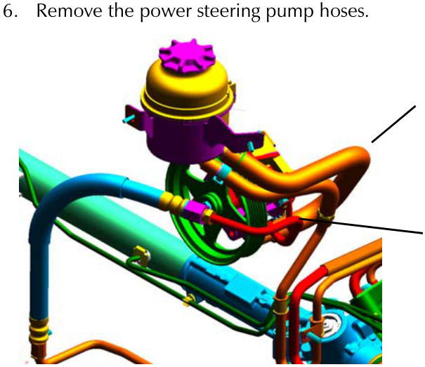 Diagram showing a yellow power steering reservoir and orange and blue hoses connected to the pump assembly near the engine block.