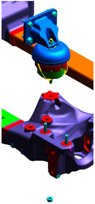 Diagram showing a blue engine mounting bracket attached to an orange frame rail, with a purple subframe component below it.