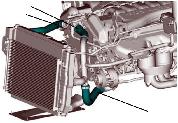 Engine assembly showing cooling system hoses connected to the radiator and header tank