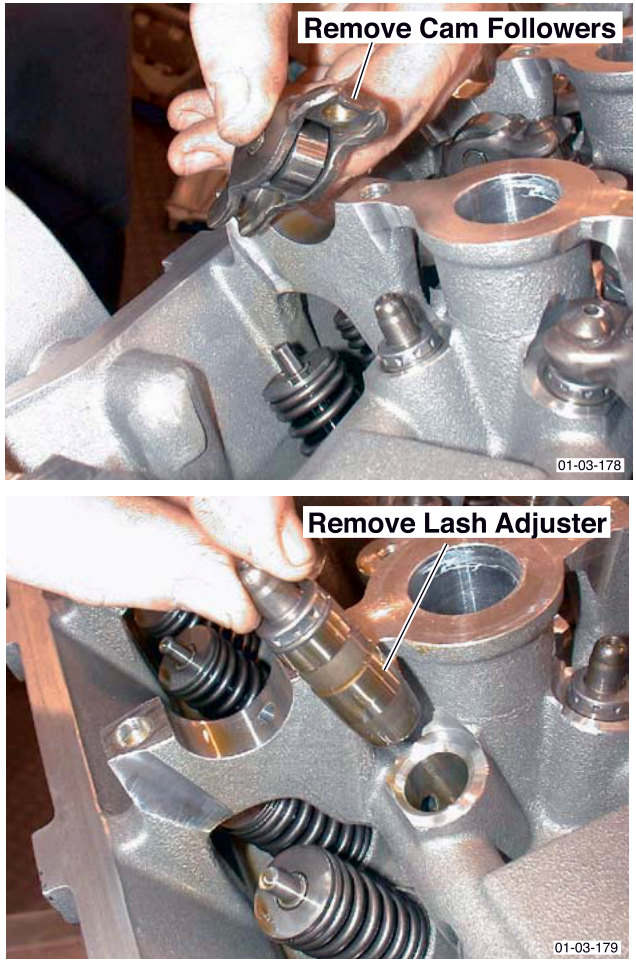 Two images showing hands removing cam followers and a lash adjuster from the cylinder head.