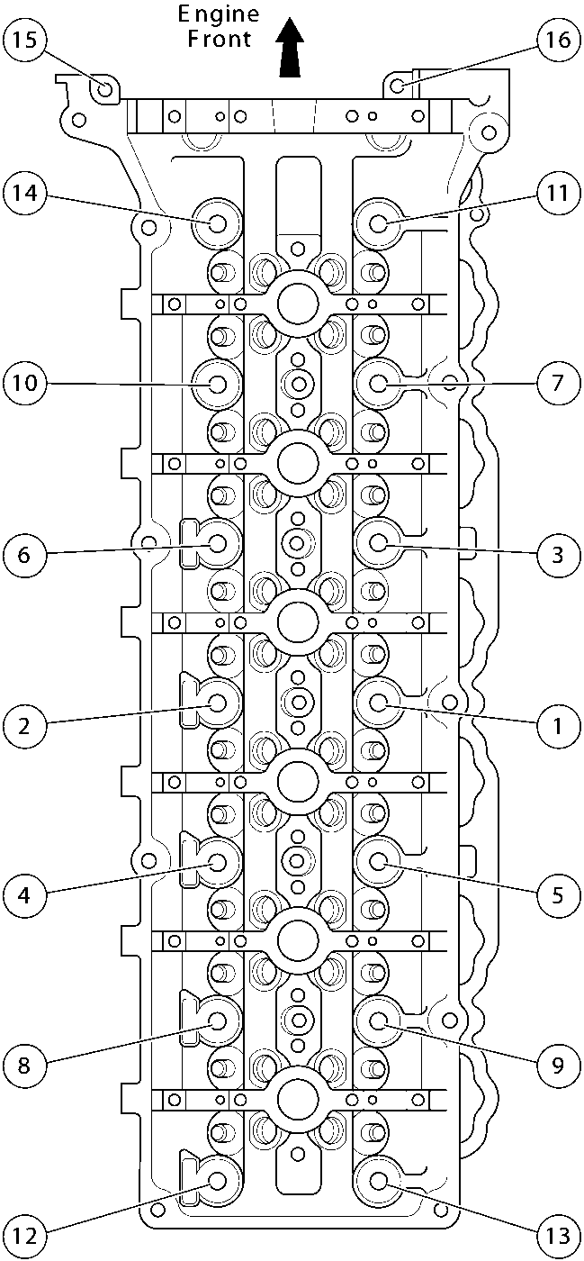 Technical diagram of a cylinder head showing bolt removal sequence with numbered callouts 1 through 16, labeled 'Left Side Shown' and 'Engine Front' with an upward arrow.