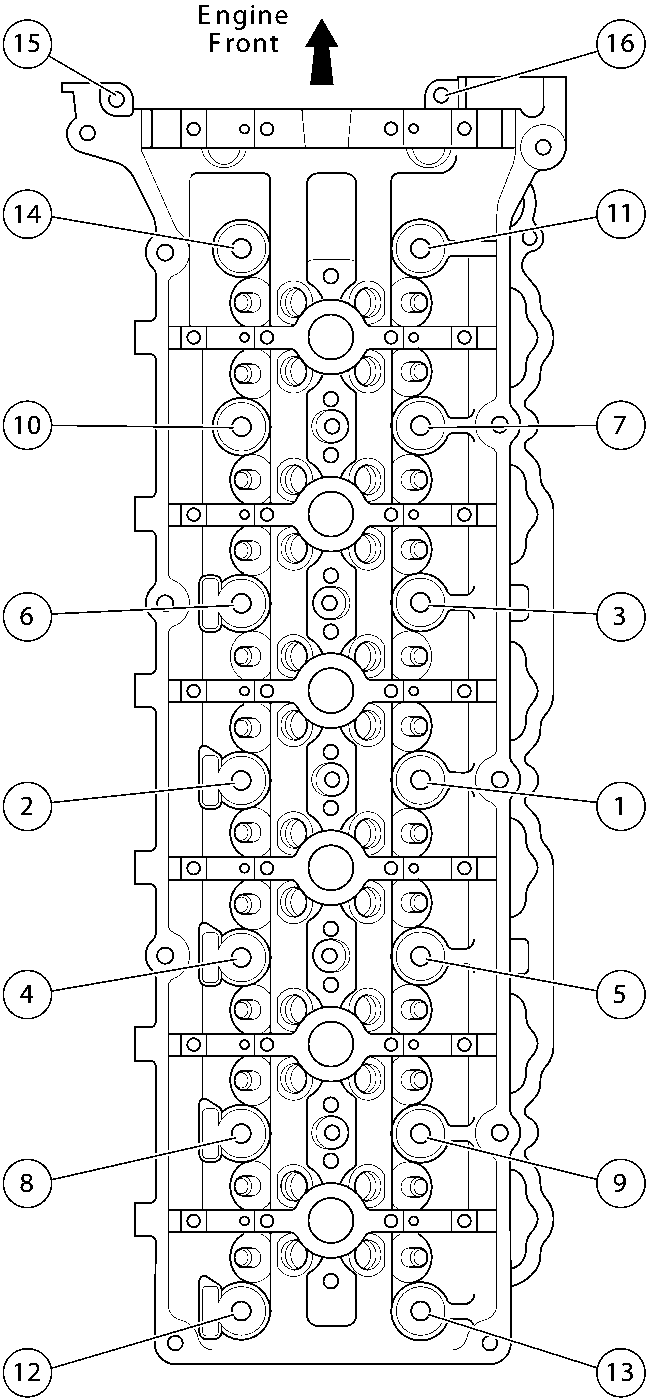 Diagram of cylinder head bolt tightening sequence, Left Side Shown, with numbered bolts 1 through 16 and an arrow indicating Engine Front.