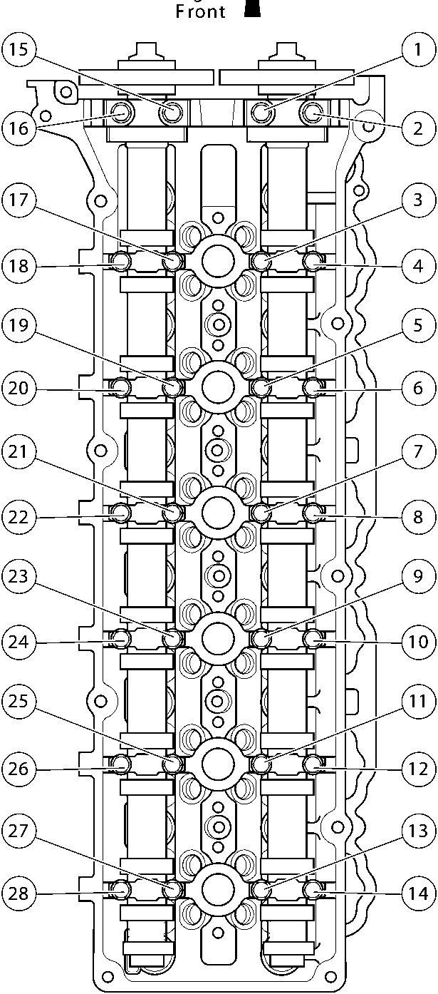 Diagram of cylinder head showing camshaft bearing cap tightening sequence numbered 1 through 28, with an arrow indicating Engine Front.