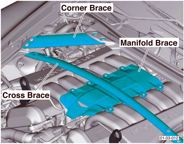 Engine bay showing Corner Brace, Manifold Brace, and Cross Brace highlighted in blue