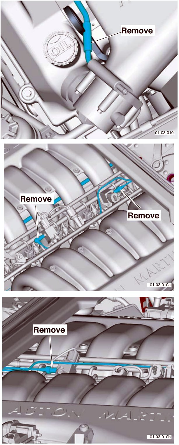 Three views of the inlet manifold showing components to be removed, highlighted in blue