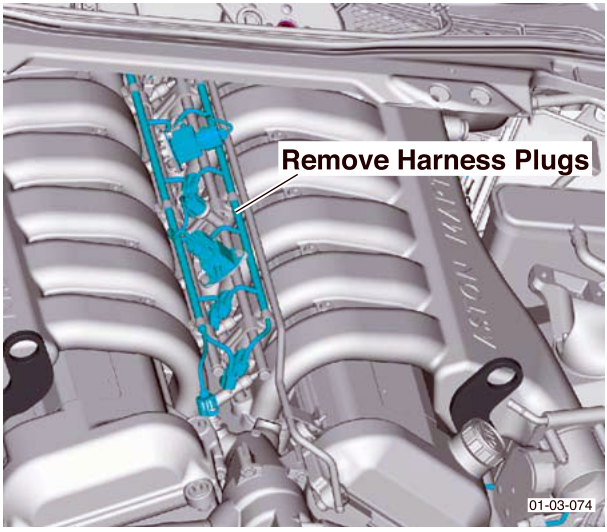 Diagram showing fuel rails and wiring harnesses on the engine with callout 'Remove Harness Plugs'