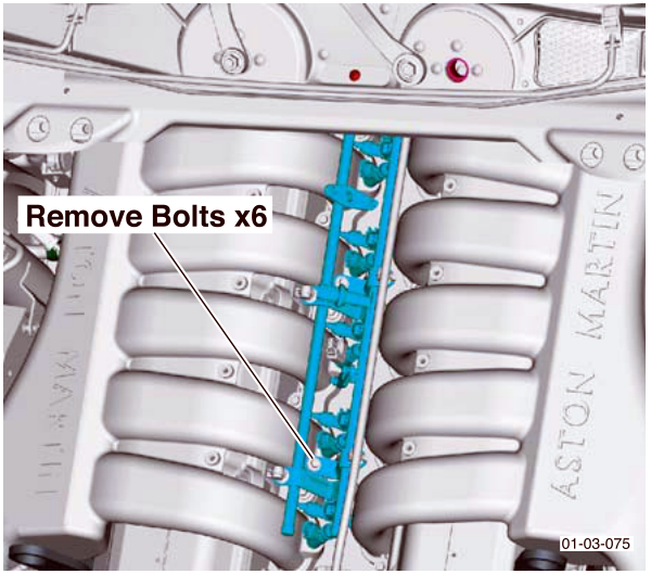 Diagram showing fuel rails secured by bolts with callout 'Remove Bolts x6'