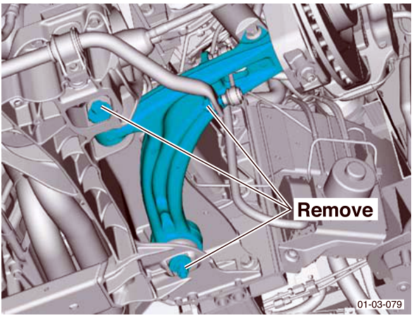 Diagram of the engine underside showing the exhaust manifolds highlighted in blue, with callout arrows labeled 'Remove' pointing to the mounting points.