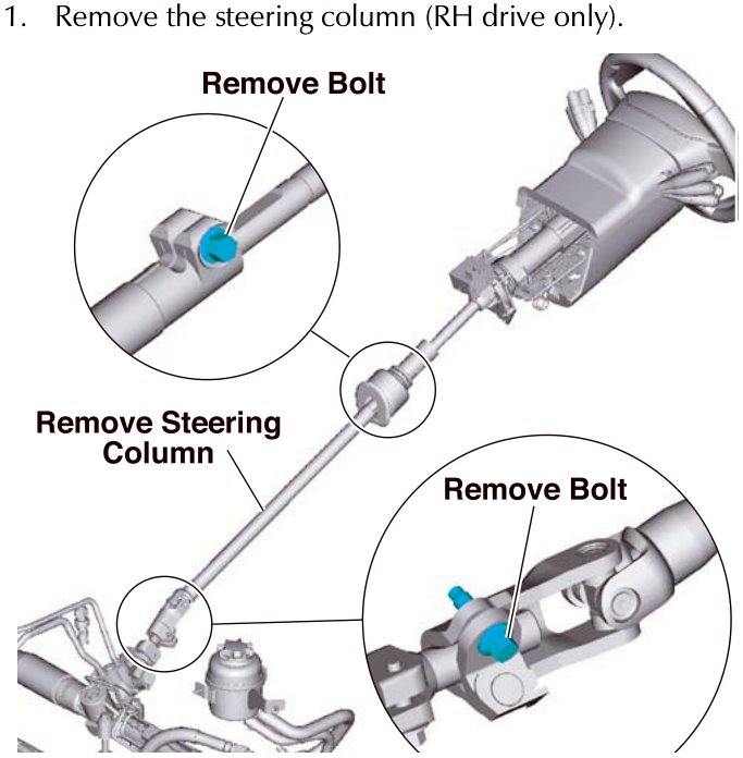Diagram illustrating the removal of the steering column, showing callouts for 'Remove Bolt' on the upper and lower joints and 'Remove Steering Column'.
