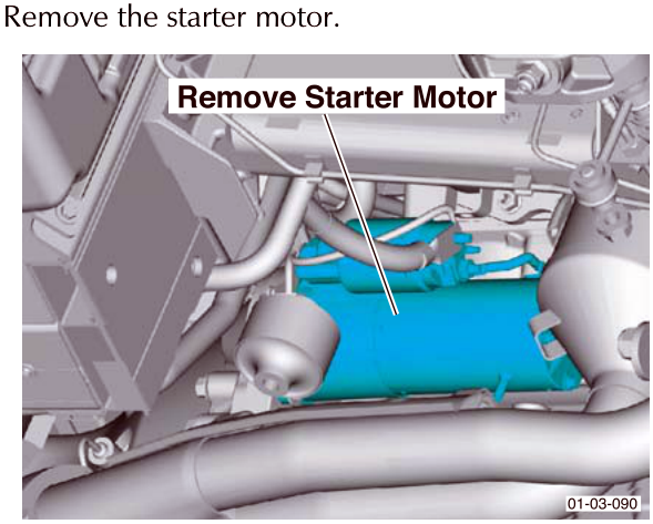 Diagram showing the starter motor location with label Remove Starter Motor