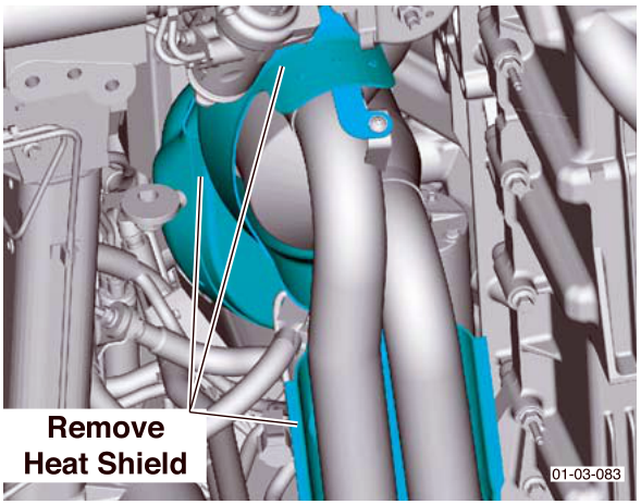 Diagram showing the exhaust heat shield being removed with label Remove Heat Shield