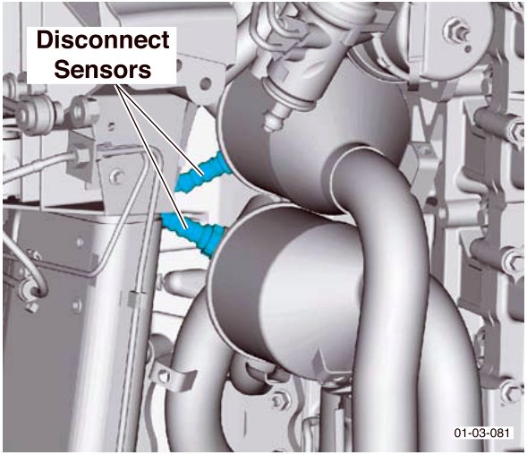 Diagram showing the catalyst monitor sensors being disconnected with label Disconnect Sensors