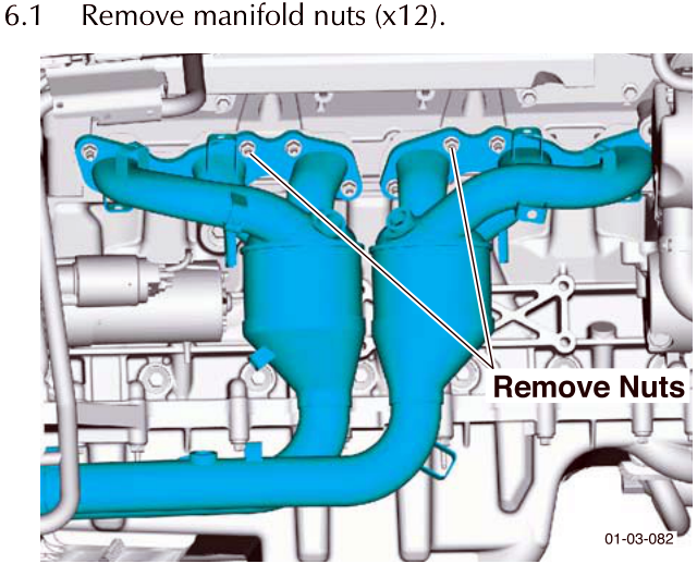 Diagram showing the exhaust manifold with arrows pointing to nuts, labeled Remove Nuts