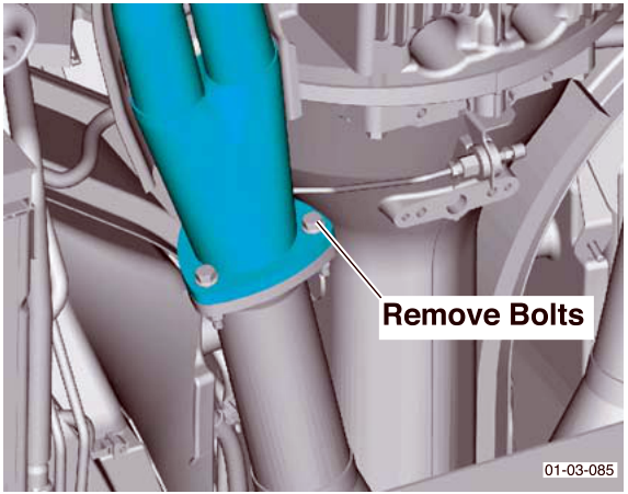 Diagram showing bolts on the exhaust manifold flange with label Remove Bolts