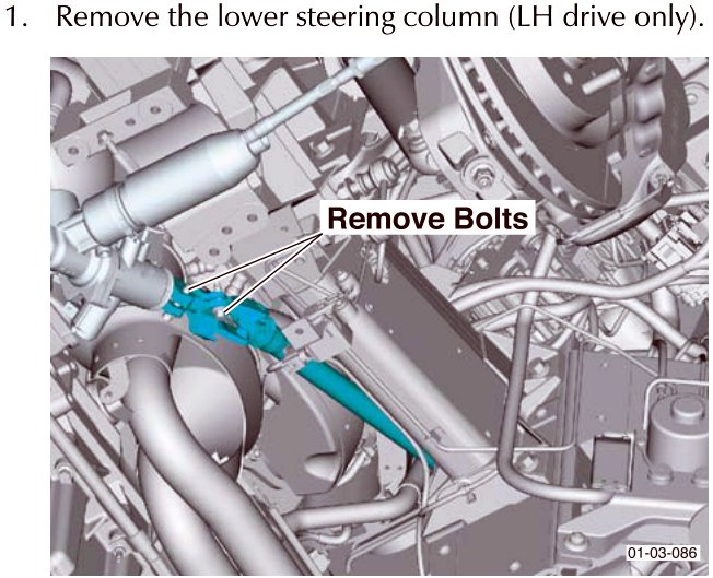 Diagram showing bolts on the lower steering column with label Remove Bolts