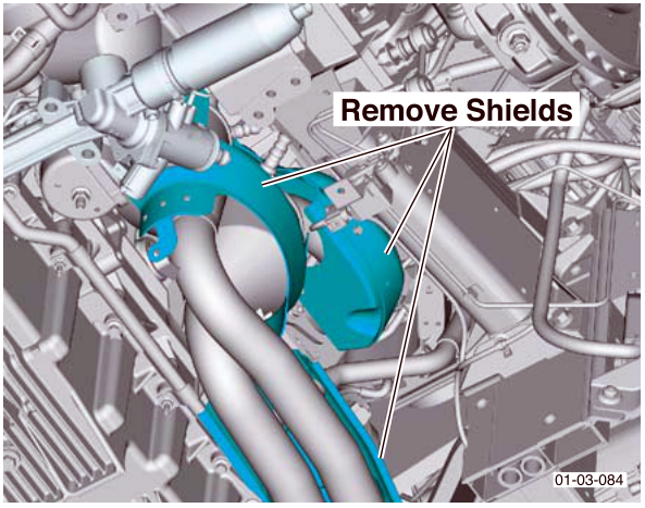 View of exhaust heat shields with callout Remove Shields