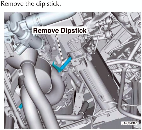View of dipstick location with callout Remove Dipstick