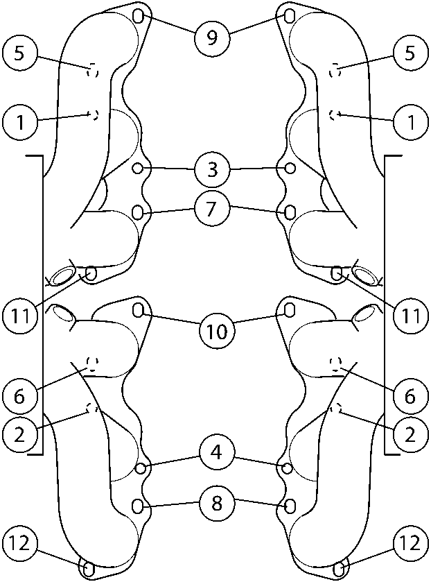 Diagram of exhaust manifold installation sequence showing numbered positions 1 through 12 with an arrow indicating Engine Front.