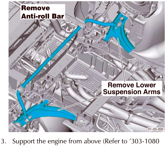 Diagram showing the removal of the anti-roll bar and lower suspension arms from the front subframe