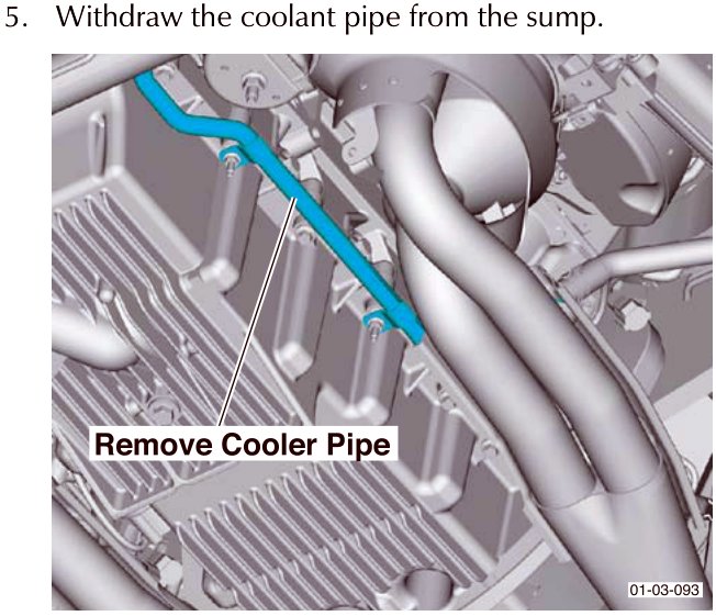 Diagram showing the removal of the cooler pipe from the sump area