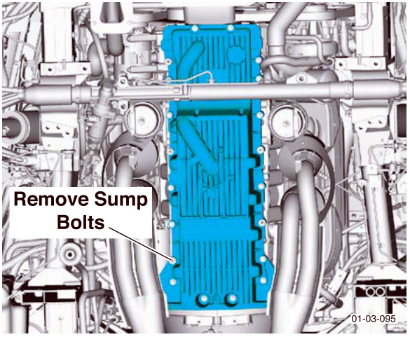 Engine view showing location of sump bolts highlighted in blue