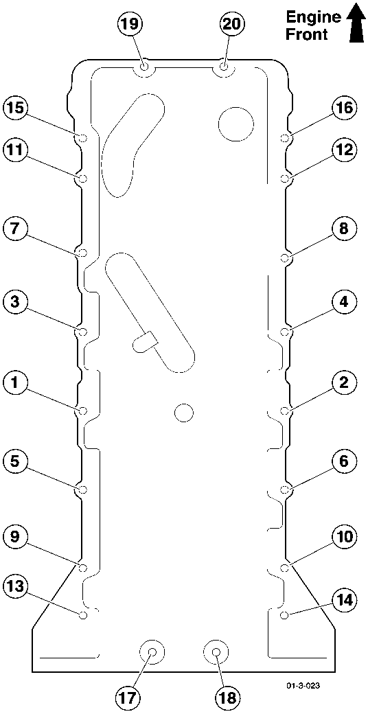 Diagram showing the numbered tightening sequence for sump bolts, with Engine Front indicated at the top