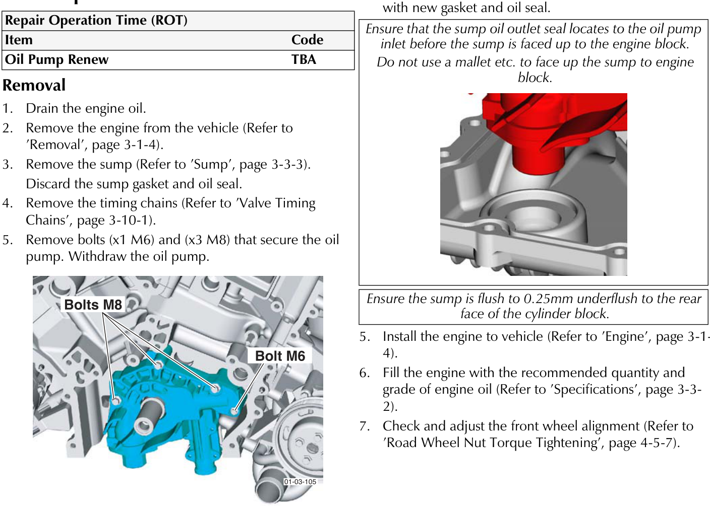 Diagram showing the location of Bolts M8 and Bolt M6 securing the oil pump to the engine block