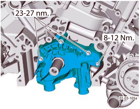 Diagram showing torque values for M8 bolts (23-27 nm) and M6 bolt (8-12 Nm) on the oil pump