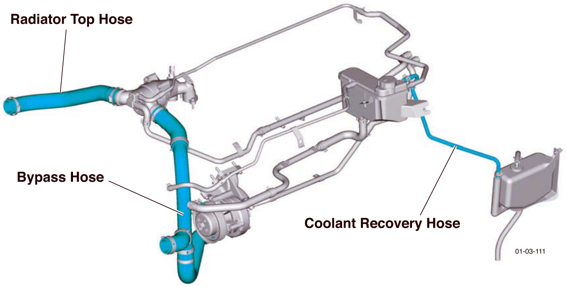Diagram showing the coolant circuit hoses including radiator top hose, bypass hose and coolant recovery hose