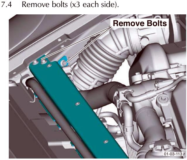 Diagram showing removal of bolts on the front crossmember