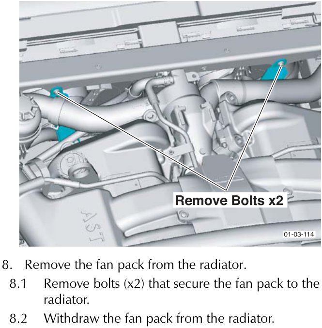 Diagram showing removal of bolts securing the fan pack to the radiator