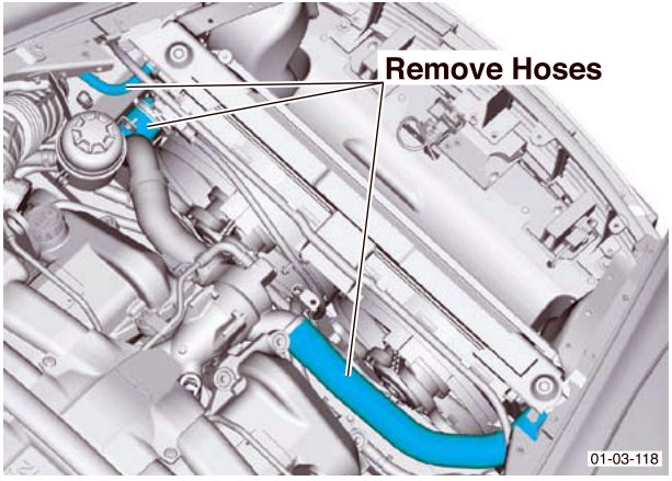 Diagram showing removal of hoses from the engine bay
