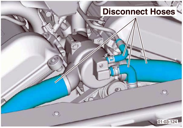 Diagram showing disconnecting hoses at the thermostat housing
