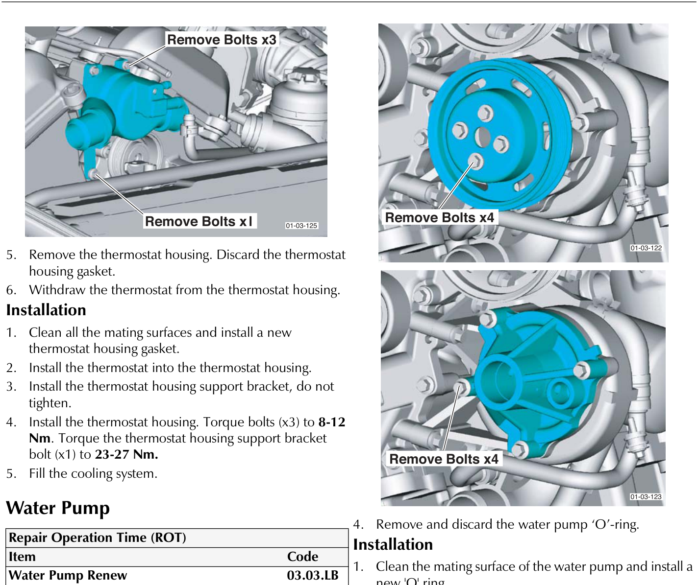 Diagram showing the thermostat housing with callouts 'Remove Bolts x3' and 'Remove Bolts x1'