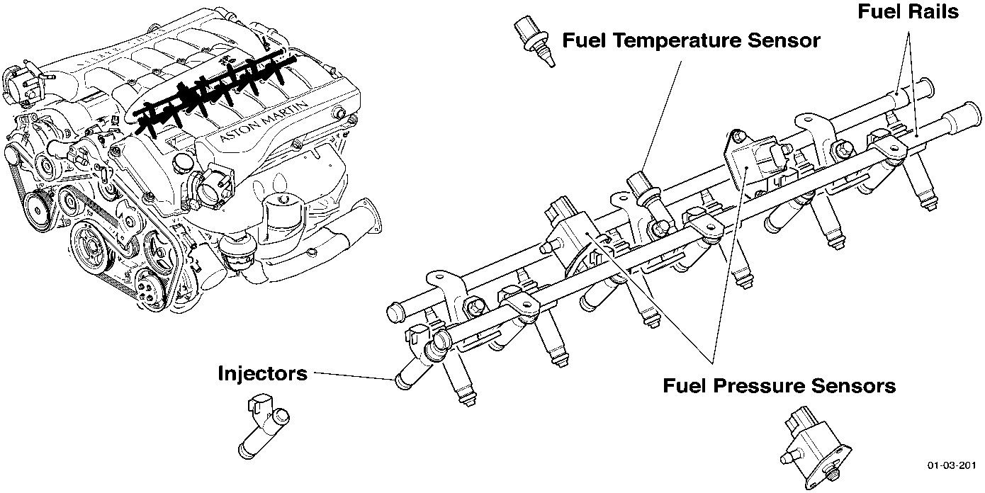 Diagram showing engine layout with labels for Fuel Rails, Fuel Temperature Sensor, Injectors, and Fuel Pressure Sensors
