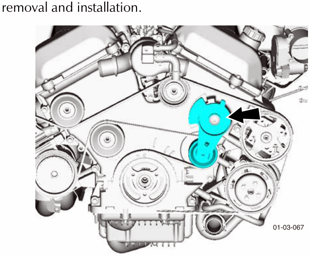 Photograph of the engine front showing the automatic belt tensioner highlighted in cyan with an arrow pointing to it
