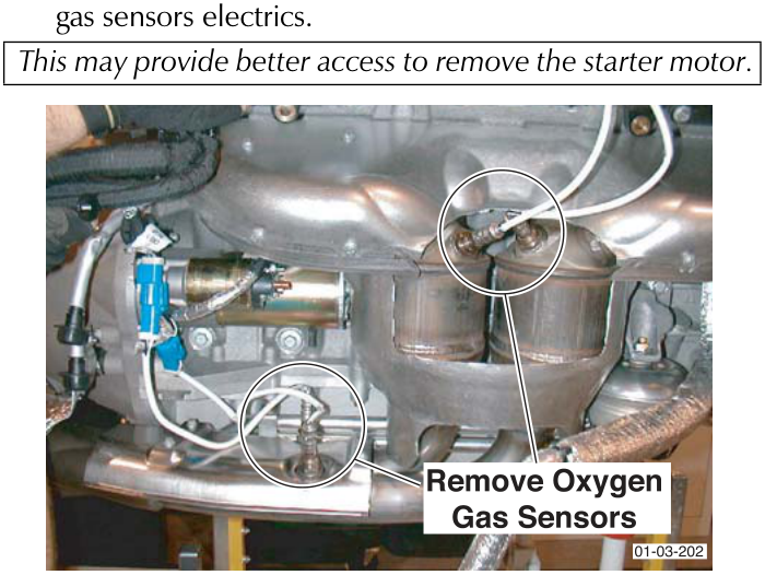 View of exhaust components with callouts indicating Remove Oxygen Gas Sensors